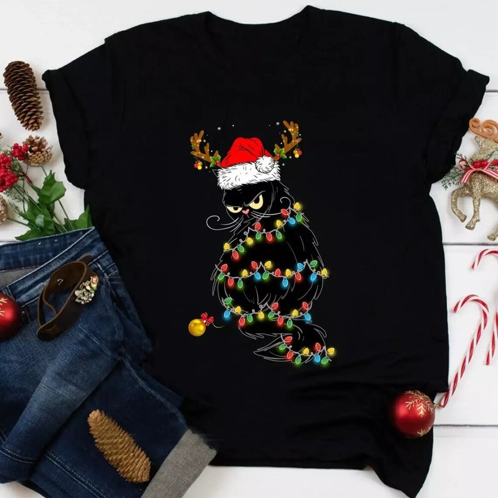 Lovely Cat Funny Christmas Light T-shirt